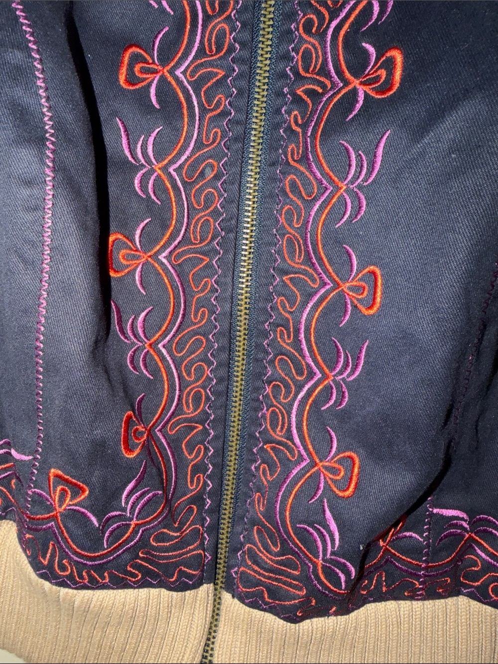Free People Navy Embroidered Hooded Vest with Tan Sherpa - Picture 3 of 6